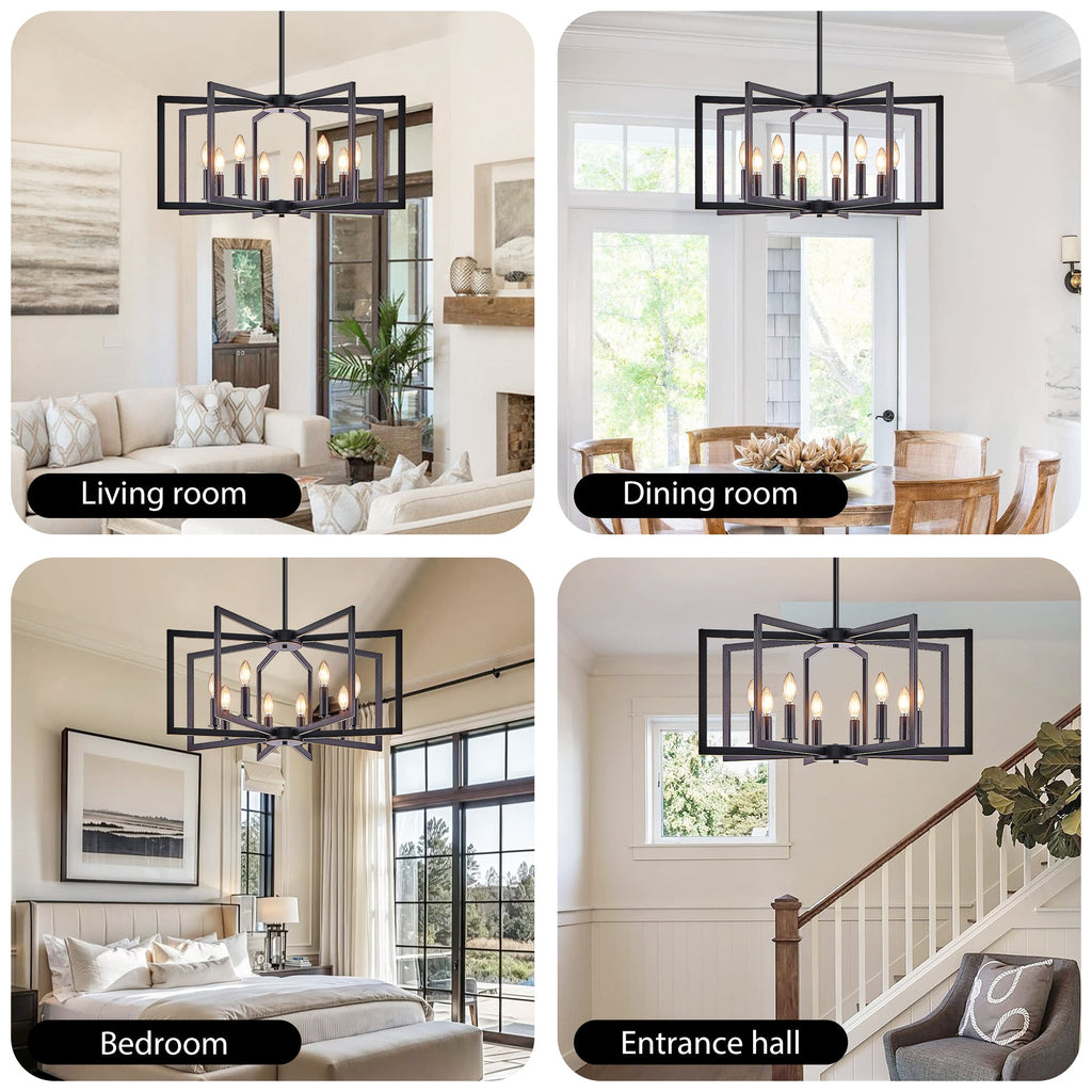 27' Modern Black Geometric 8-Light Chandelier – Industrial Metal