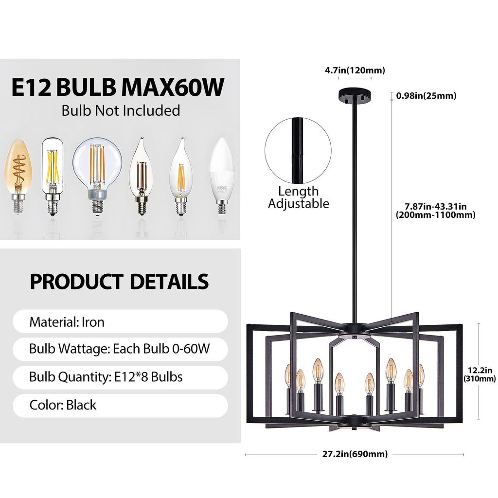 27' Modern Black Geometric 8-Light Chandelier – Industrial Metal