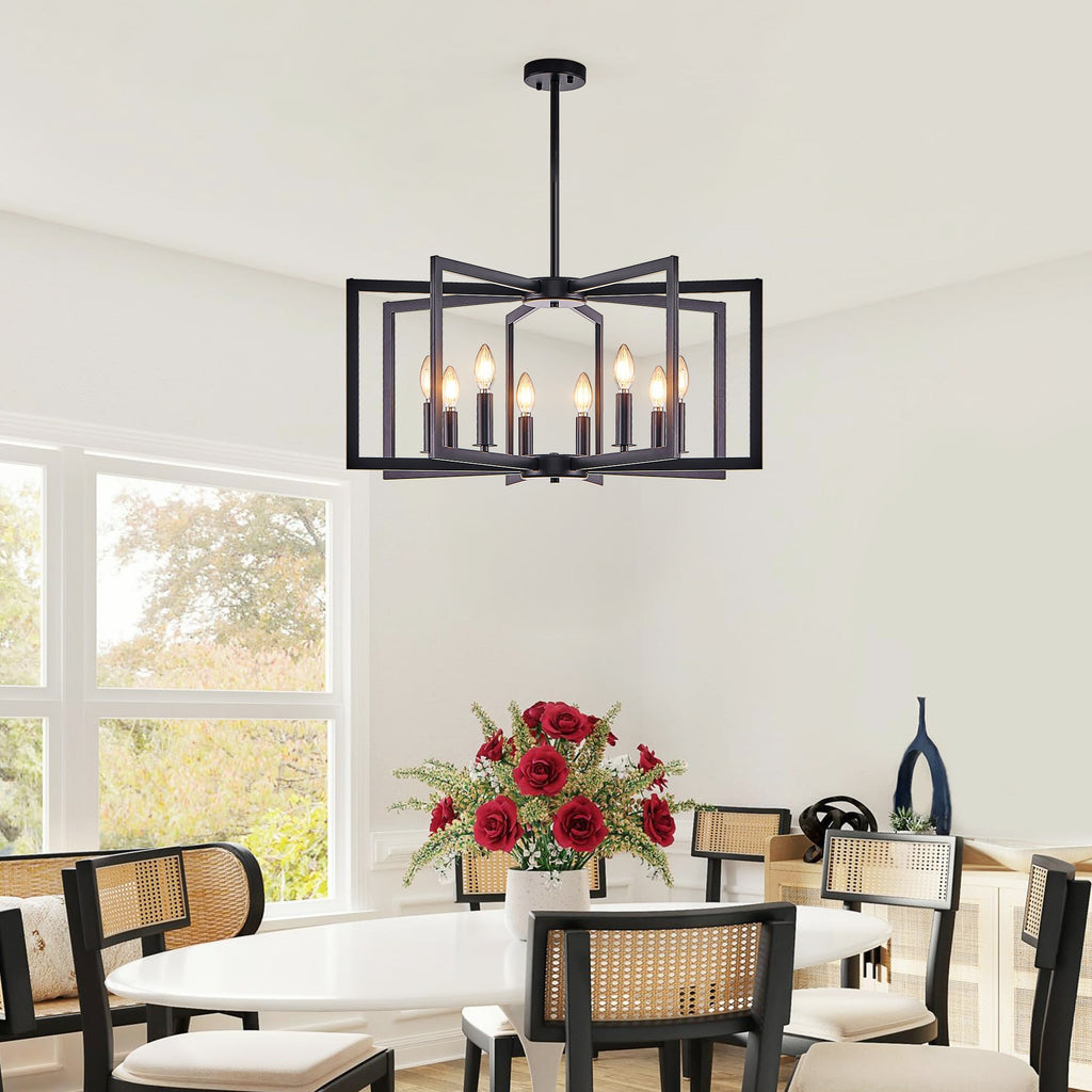 27' Modern Black Geometric 8-Light Chandelier – Industrial Metal