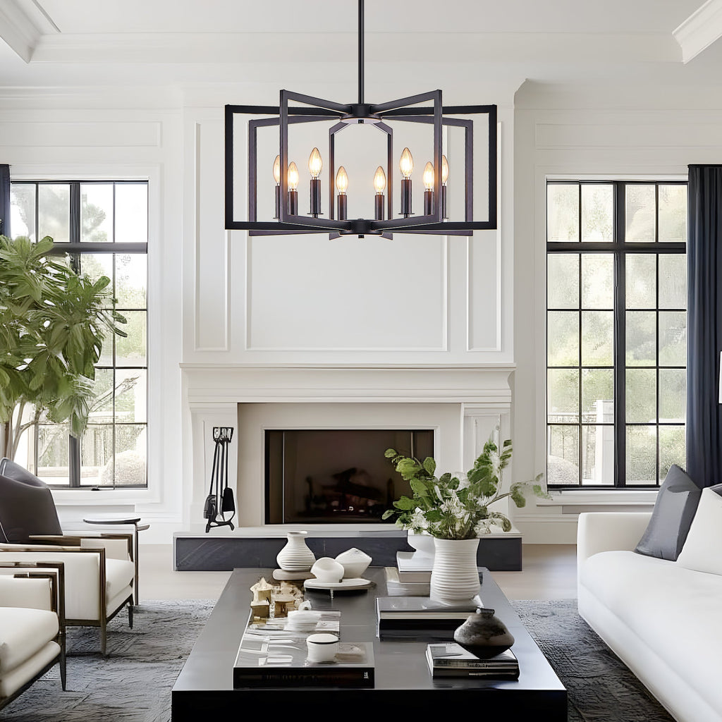 27' Modern Black Geometric 8-Light Chandelier – Industrial Metal