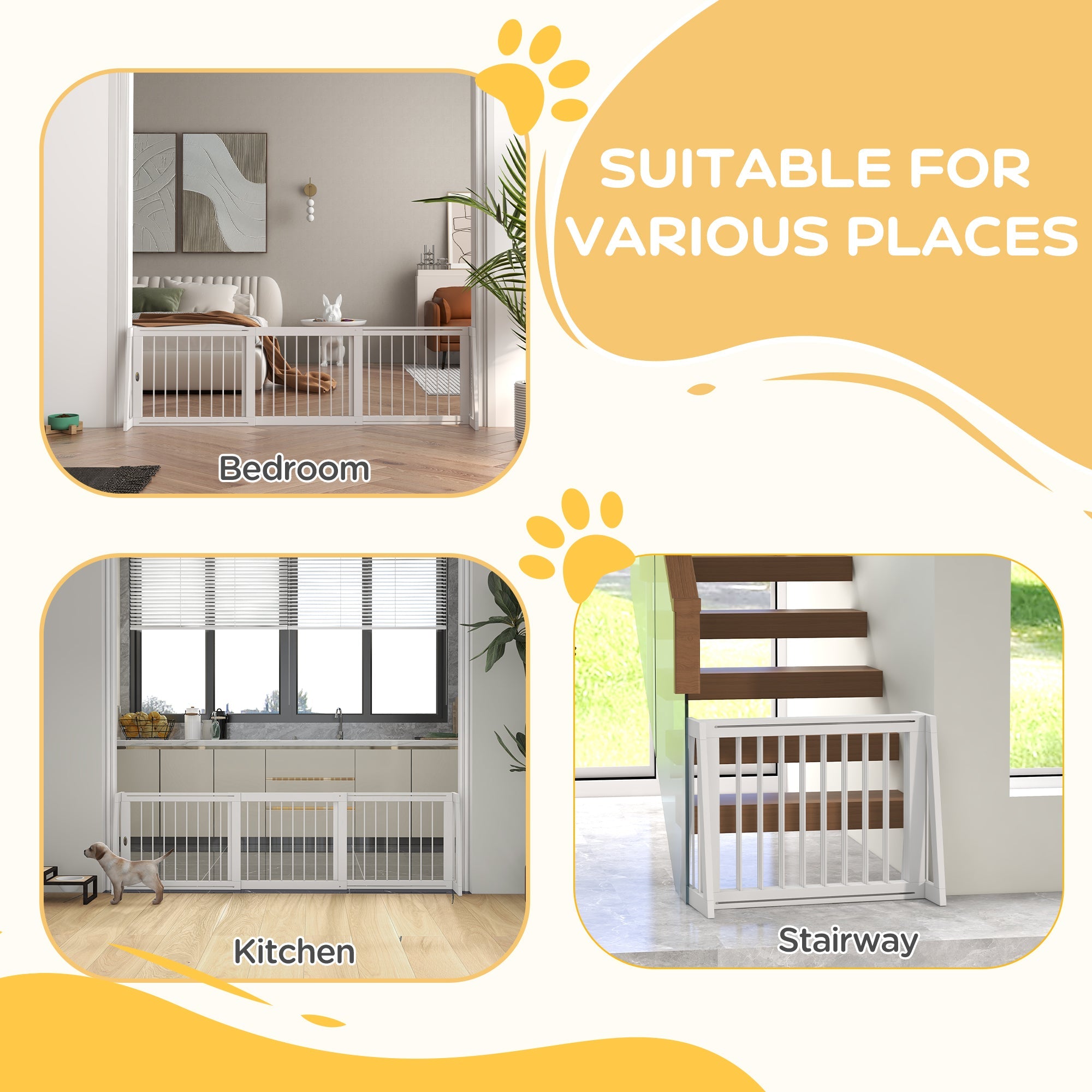 28"-75" Freestanding Wooden Pet Gate with Support Feet & Non-Slip Mats