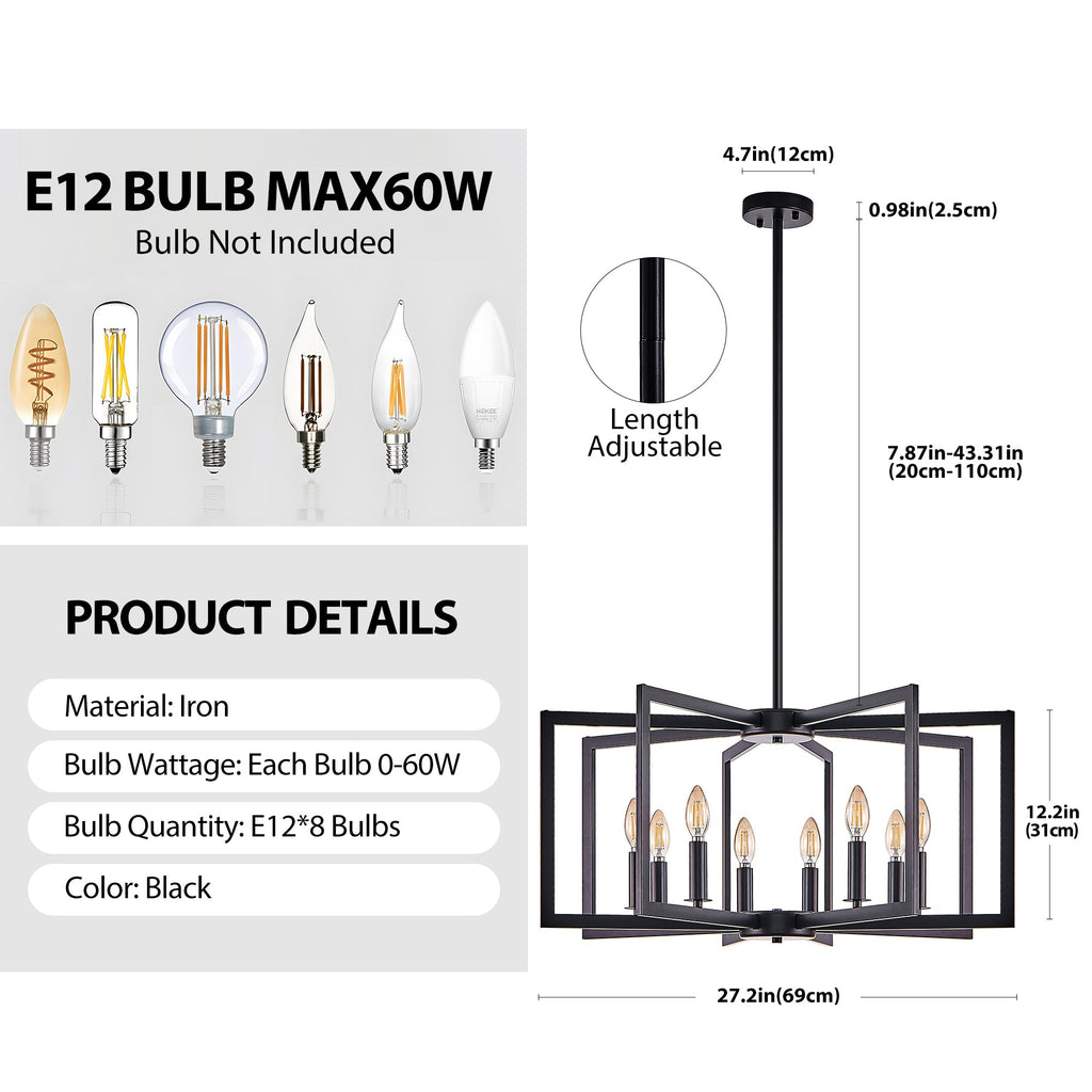 27' Modern Black Geometric 8-Light Chandelier – Industrial Metal