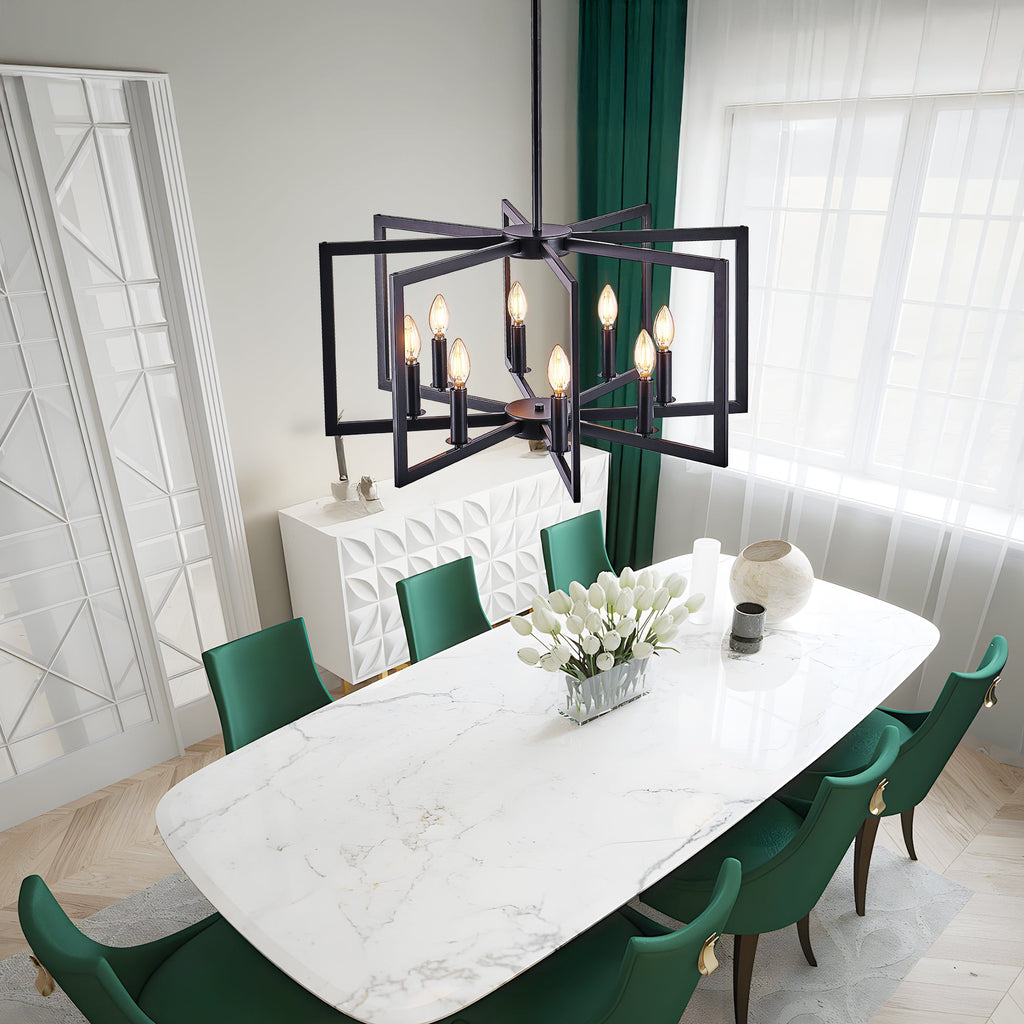 27' Modern Black Geometric 8-Light Chandelier – Industrial Metal