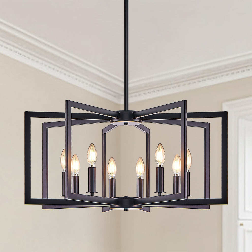 27' Modern Black Geometric 8-Light Chandelier – Industrial Metal